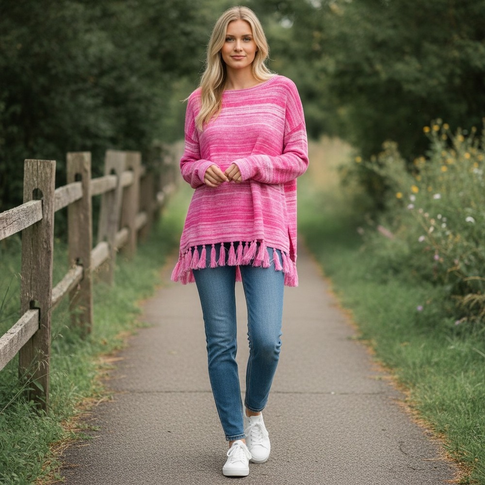 Lilly Pulitzer Pink Space Dye Tassel Hem‎ Knit Sweater Style 008371 Size L